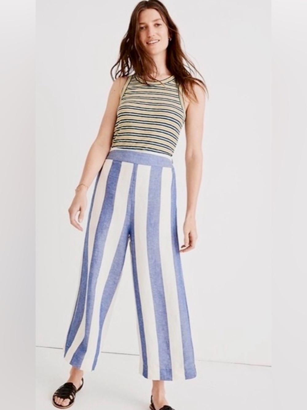 Madewell Blue and White Vertical-Stripe Wide-Leg Pants